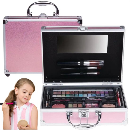 Make-up Koffer Roze - Make Up Doos - Make Up Case - Kinder Make Up Koffer - Kindermake-up Set - Inclusief Spiegel en Kwastjes - Glitter Design - Inclusief EBOOK
