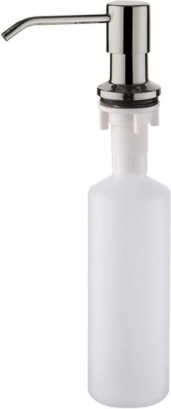 Zilverkleurige zeepdispenser met een grote witte kunststof fles.