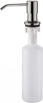 Zilverkleurige zeepdispenser met een grote witte kunststof fles.