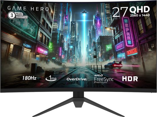 GAME HERO® 27 inch QHD VA Curved Monitor - Gaming Monitor - 180hz Monitor - 1ms
