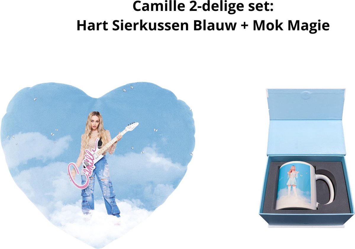 Camille Dhont - Camille 2-delige set: Hartvormig Sierkussen Blauw Magie + Mok Magie