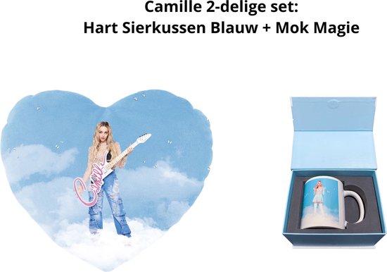 Foto: Camille dhont camille 2 delige set hartvormig sierkussen blauw magie mok magie