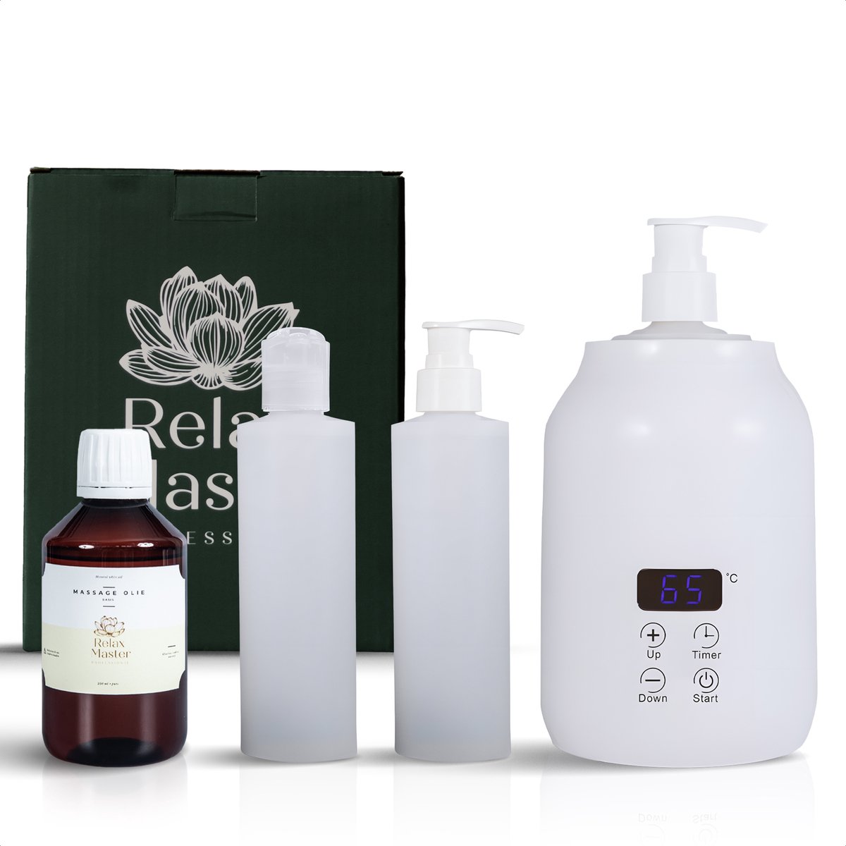Goedkoopste Relax Master® Massage Olie Verwarmer - met Massageolie - Instelbare Temperatuur - 2 Dispensers