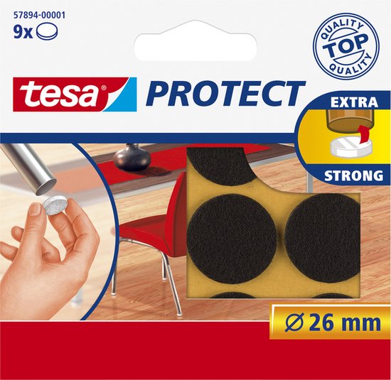 Verpakking Tesa Protect viltjes rond 26 mm. Toont bevestiging op stoelpoot.