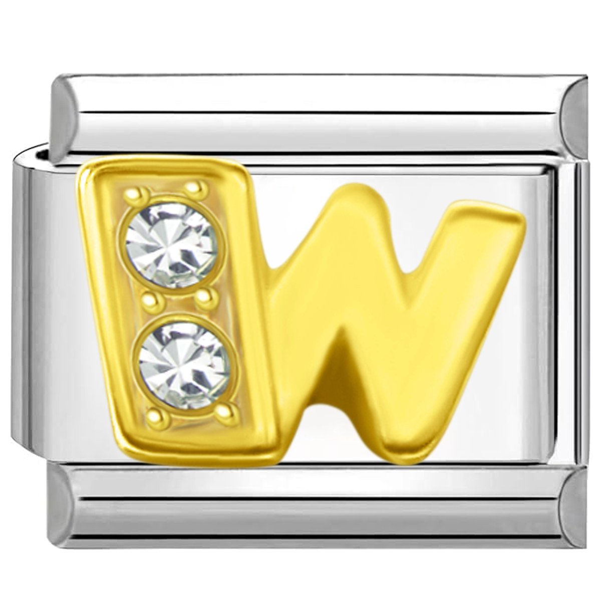 Quiges - Schakel - Bedel - 9mm - charms - Goud - Zirkonia - alfabet - letter W - Geschikt voor - armband - Schakelarmband - italy bedels armband