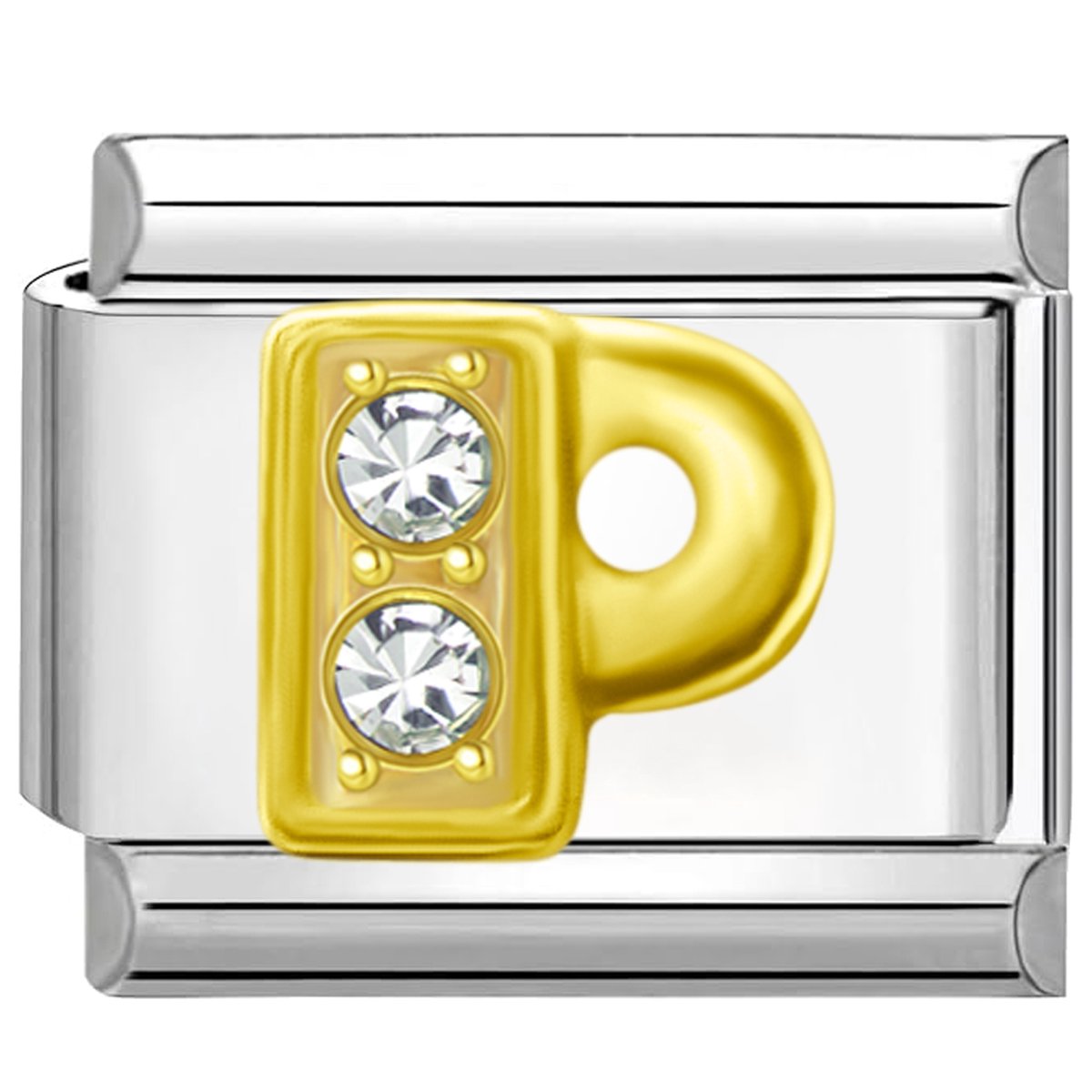 Quiges - Schakel - Bedel - 9mm - charms - Goud - Zirkonia - alfabet - letter P - Geschikt voor - armband - Schakelarmband - italy bedels armband