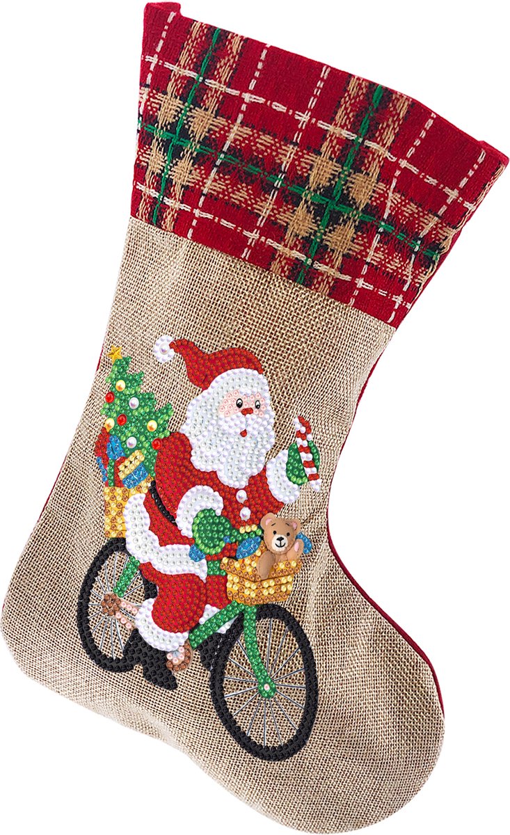 Kerstsok - 22 - Kerstman op fiets - Diamond painting - compleet pakket - Diamond painting by Wietske
