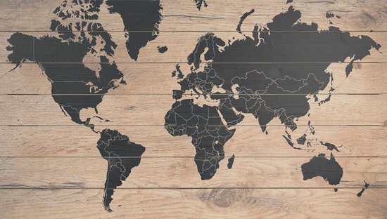 Wereldkaart en bois noir |105 cm x 60 cm | Wereldkaart difficile et rural | Avec 100 broches en cuivre GRATUITES