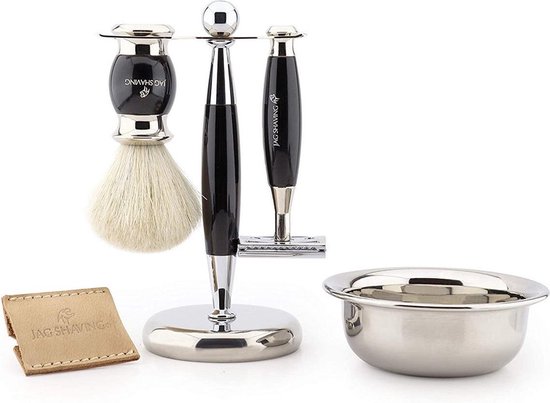 Foto: Luxe scheerset voor heren dubbelzijdig veiligheidsscheermes met lederen etui scheerkwast standaard en kom perfecte cadeauset cadeauscheerset 