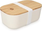 Bento Box Lunchtrommel met bamboe deksel - broodtrommel 1 vak 1100 ml luchtdicht - broodtrommel voor kinderen en volwassenen - elastiek sluiting - wit