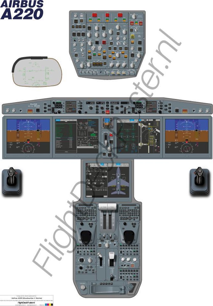 FlightDeckPoster.nl Airbus A220 (Bombardier C-Series) - T-Bone (Enkele A0 poster) FlightDeckPoster / Cockpitposter / Cockpit poster / Cockpit mockup Witte achtergrond, print waarheidsgetrouw