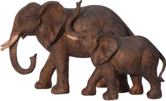 Olifant met kalfje - Resin beeld - Gedetailleerd sculptuur Dieren - 18.4 cm hoog