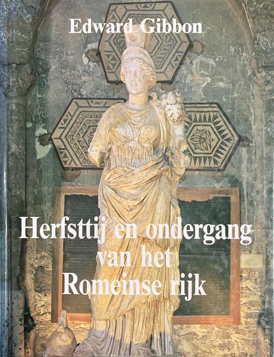 Couverture de livre avec une statue d'une déesse romaine et le titre 'La décadence et la chute de l'Empire romain'.