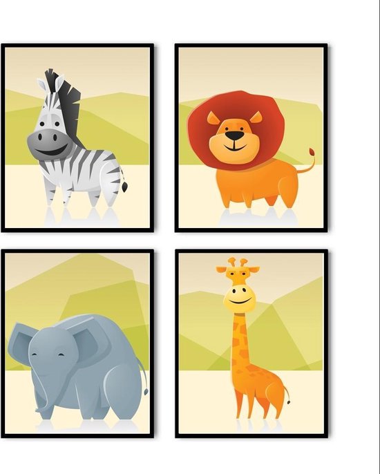 Poster Set 4 Safari Dikke Dieren Leeuw  Giraffe Zebra en Olifant - 30x21cm/A4 - Baby / Kinderkamer - Muurdecoratie - Postercity