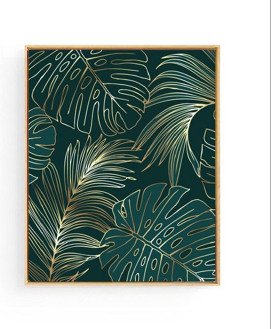 Poster Goud Botanisch Palmboom Blad Links - 80x60cm - Planten - Muurdecoratie