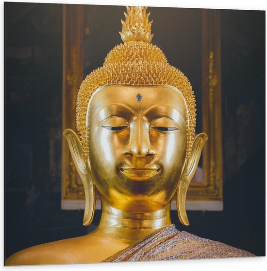 Dibond - Religieuze Gouden Buddha - 100x100cm Foto op Aluminium (Met Ophangsysteem)