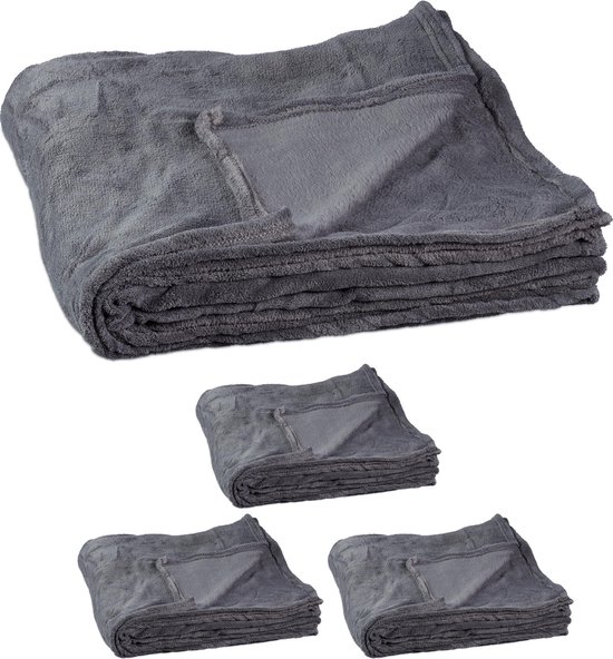 Relaxdays 4x fleece deken 200x220 cm - plaid - bank kleed - polyester - grijs- xxl - groot