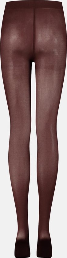 Achterkant van bordeauxrode, matte panty gedragen door vrouw.
