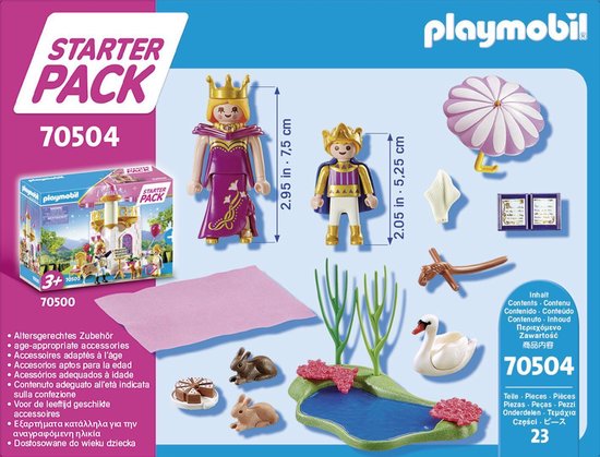 PLAYMOBIL Starter Pack 70504 prinsessenset met figuren, vijver, zwaan, konijntjes, taart en roze kleedje.