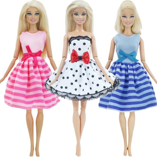 3x Barbie kleding set met 3 jurkjes voor modepop - Barbiekleertjes  roze/blauw/polkadots | bol.com