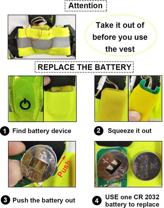 Instructies voor het vervangen van de batterij van een groen sportvest met reflecterende banden en rode lampjes. Duidelijk aangegeven hoe het batterijapparaat te vinden, eruit te knijpen, eruit te duwen en te vervangen met een CR2032 batterij.