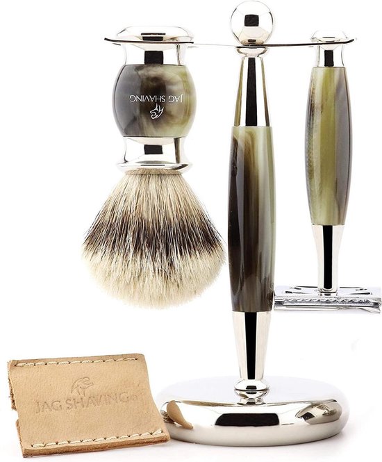 Luxe scheerset voor heren met dubbelzijdig veiligheidsscheermes, scheerkwast met zilveren punt, standaard, kom en leren etui, perfecte cadeauset voor mannen (scheerset voor heren)