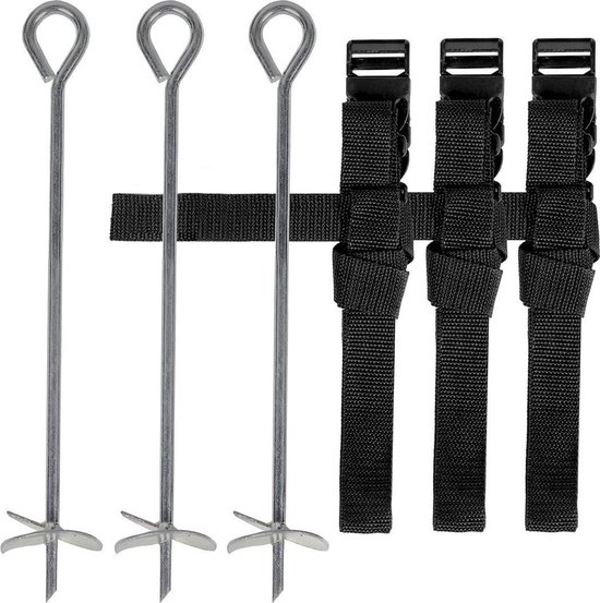 VirtuFit Trampoline Verankering Set - 183 en 251 cm - Zwart - 183 en 251 cm - 3 Spanbanden & Grondankers - Maximale Stabiliteit - Geschikt voor Veel Trampolines - Grondanker - Verankeringsset Trampoline - Verankeringssets