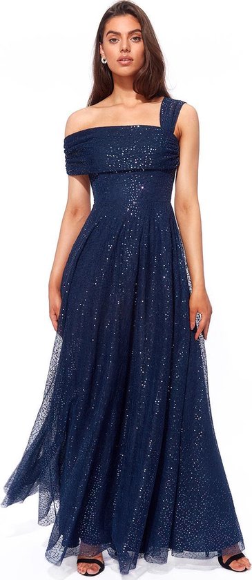 Mooie jurk met glitter en aparte mouwafwerking - Maat 42 - Donkerblauw |  bol.com