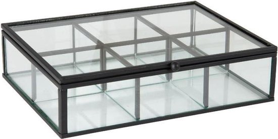 Theedoos zwart - glas en metaal - 6 vakjes - 20 x 15 x 5 cm - sieraden doos  | bol.com