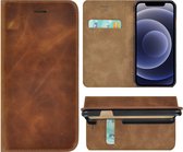 iPhone 12 hoesje - Bookcase - Portemonnee Hoes Ultra dun Echt leer Wallet case Cognac Bruin