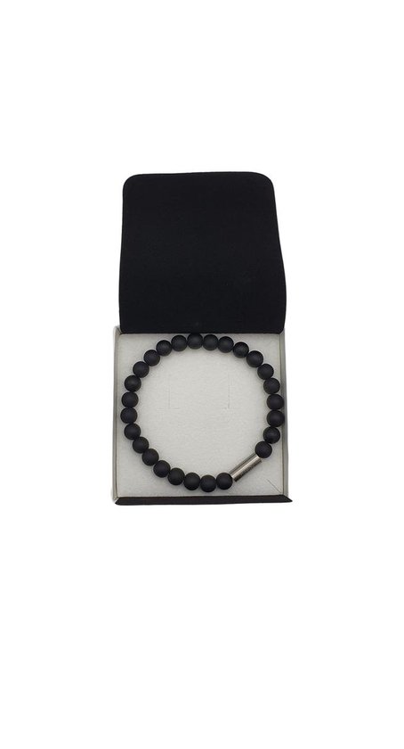 H-Beau Bracelet fait main de pierres précieuses / pierres naturelles / Perles d' Onyx- homme / femme / unisexe - perle en acier inoxydable - 8 mm - longueur 16,5 cm - Zwart mat