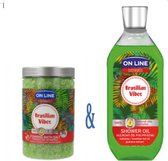 ON-LINE Sences, Brazilian Vibes schuimend badzout + doucheolie, foaming bath salt + shower oil, natuurlijke oliën complex met magnesium, babassu, paranotenolie, guarana extract, 480g + 500ml