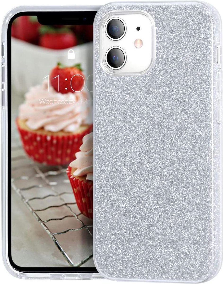 Geschikt voor Apple iPhone 12 Backcover - Zilver - Glitter Bling Bling - TPU case