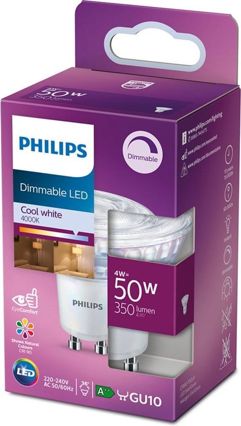 Philips GU10 Classic Spot 4W (50W) - 4000K Koel Wit - 350 Lumen Dimbaar 36°D