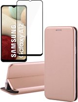 Hoesje geschikt voor Samsung A12 en Screenprotector - Book Case Leer Wallet Cover Hoes Rosegoud + Screen Protector Glas Full Screen