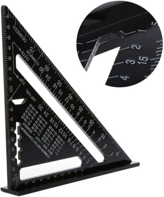 Omnium - Carré - Driehoek métrique - Speed Square - Crochet d'écriture - Crochet de bloc - Crochet à onglet - Triangle de mesure 5 en 1 - Zwart