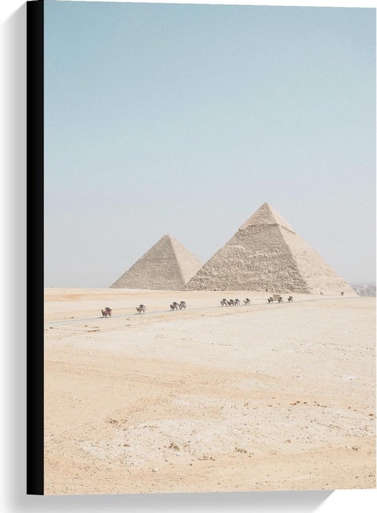 Canvas  - Piramides met Kamelen in Egypte - 40x60cm Foto op Canvas Schilderij (Wanddecoratie op Canvas)
