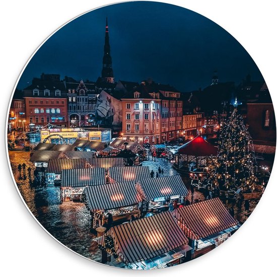 Forex Wandcirkel - Kerstmarkt met Lampjes - 30x30cm Foto op Wandcirkel (met ophangsysteem)