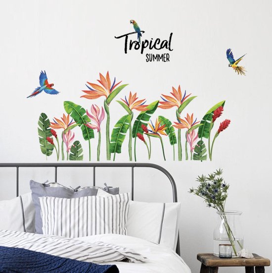 Stickerkamer | sticker mural plantes tropicales feuilles de palmier et décoration d'oiseaux