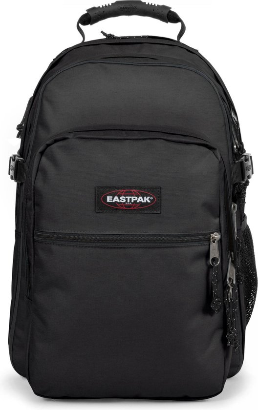 Zwarte Eastpak rugzak met laptopvak, voorvak met rits, zijvak van mesh en Eastpak logo.