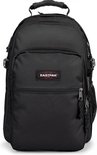 Zwarte Eastpak rugzak met laptopvak, voorvak met rits, zijvak van mesh en Eastpak logo.