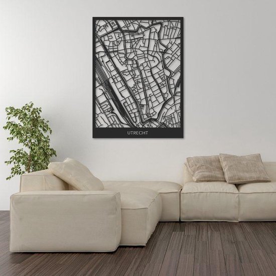 Utrecht - Houten Kaart Stad | Groot 80x60cm | Zwart Hout | Plattegrond Stadskaart Prent Print Poster | City Map | Landkaart | Stad | Wijk