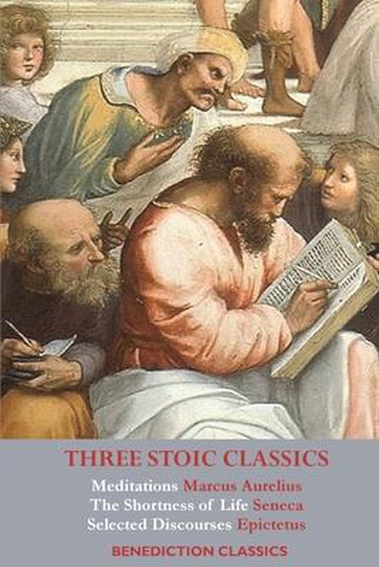 Boekomslag met de titel "Three Stoic Classics". Een schilderij toont mannen die aandachtig lezen en luisteren.