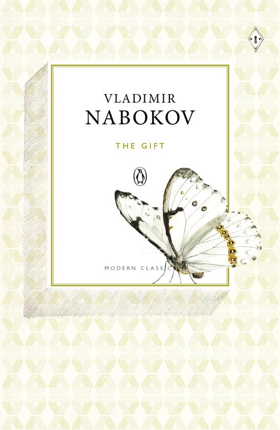 Boek "The Gift" van Vladimir Nabokov, met een witte vlinder met gouden accenten op de voorkant.
