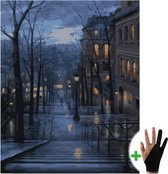 Schilderen Op Nummer Volwassenen Nachtelijke Wandeling Straat – 40x50 cm - Inclusief Tekenhandschoen - Paint By Number Volwassenen - Cadeau - Kerst - Sinterklaas - Kado