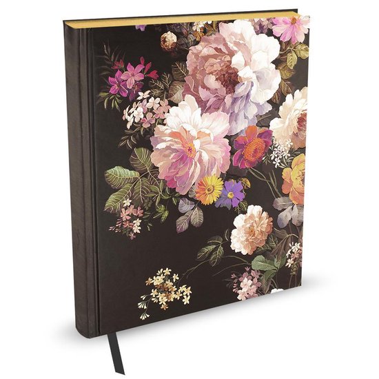 Zwart notitieboek met een weelderig bloemendessin in roze, wit, oranje en paars tinten. Met goudkleurige bladzijden en een zwart leeslint.