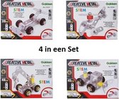 Bouwpakket Creative Metal Set van 4 Stuks 7,3 Cm Raceauto + Graafmachine + Helikopter + Sneeuwschuiver