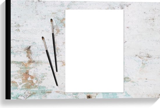 Canvas  - Penselen met een Leeg A4 Vel - 60x40cm Foto op Canvas Schilderij (Wanddecoratie op Canvas)