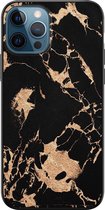 iPhone 12 hoesje siliconen zwart - Marmer zwart brons - Siliconen TPU case zwart - Marmer - Transparant, Goud