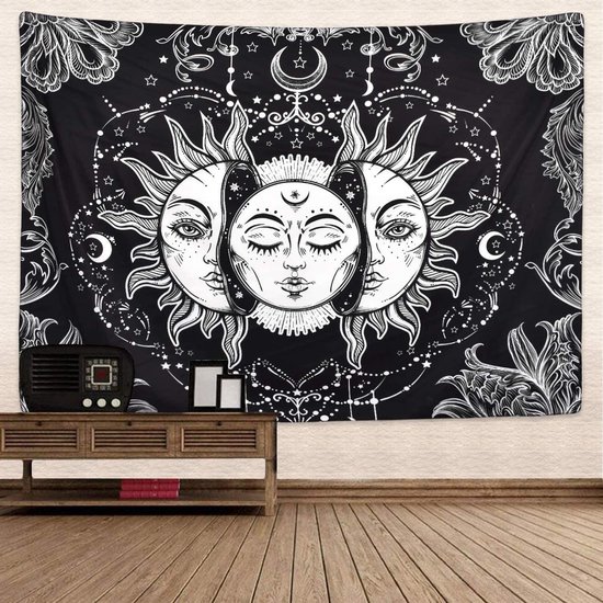 Ulticool - Sun Moon Zodiac Tarot Nature Bohemian - Tapisserie - 200x150 cm - Groot tapisserie - Affiche - Zwart/ Wit